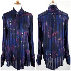 Equipment Sheer Silk Blend Button Front Blouse Abstract Stripe Size Small Blue